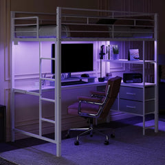 Twin Metal Loft Bed Frame With 15" Safety Guardrail, Non-Slip Ladder, 2 Charging Stations, L-Shaped Desk, and Storage Shelves