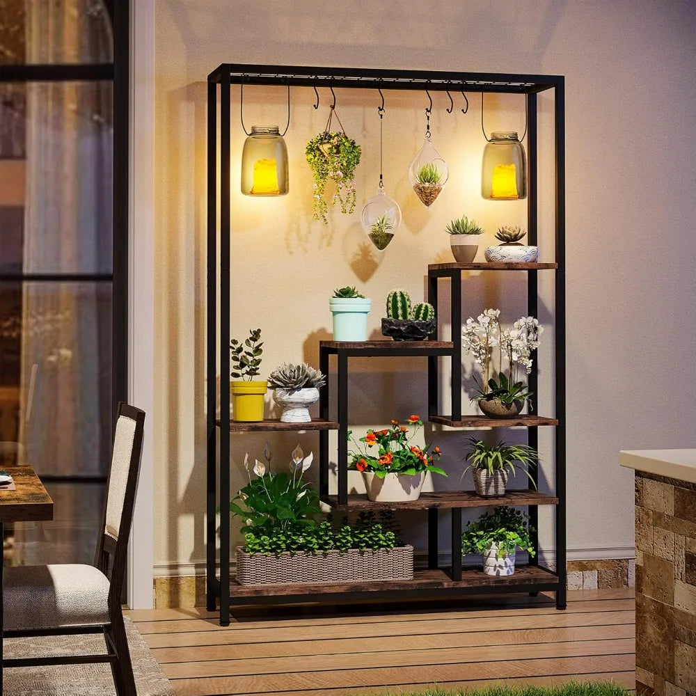 Indoor Plant Stand, 70.9 inches Large Metal Plant Shelf with 6PC S Hanging Hooks
