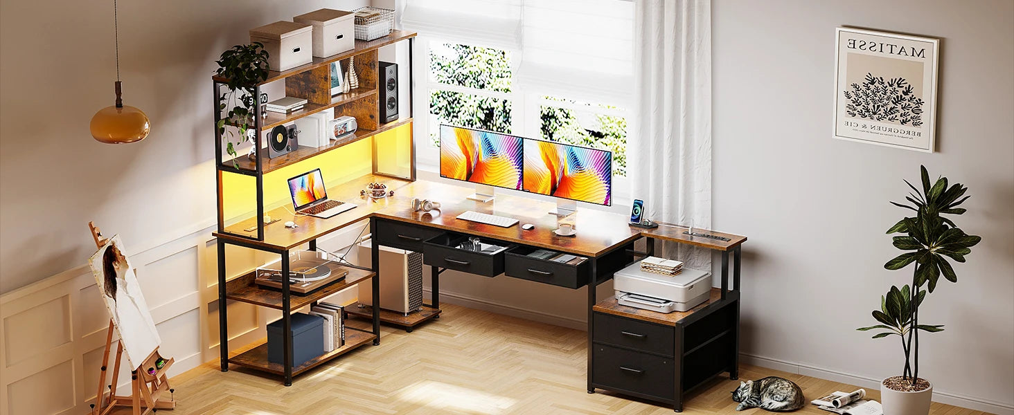 79 Inch L Shaped Desk with File Drawers, Reversible L Shaped Gaming Desk with Power Outlets & LED Lights, Computer Desk