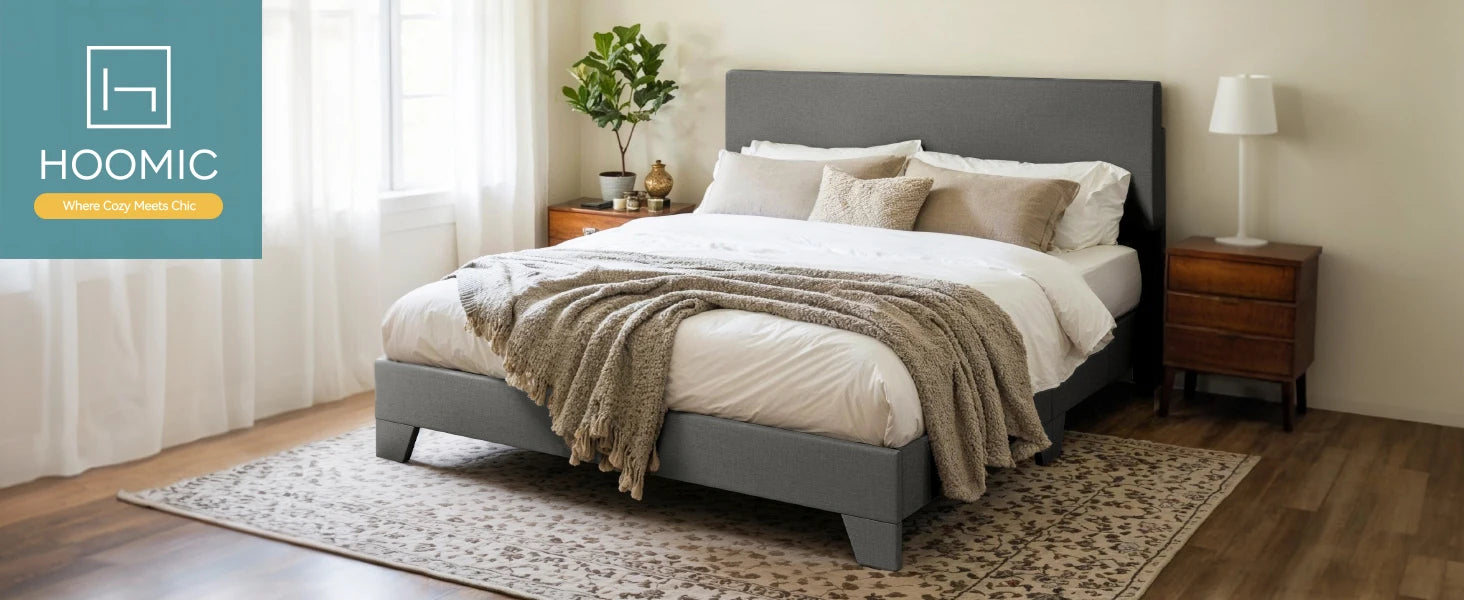 HOOMIC Upholstered Bed Frame with Adjustable Headboard, Soft Linen Fabric, Strong Supporting Structure, Noise-Free Allewie