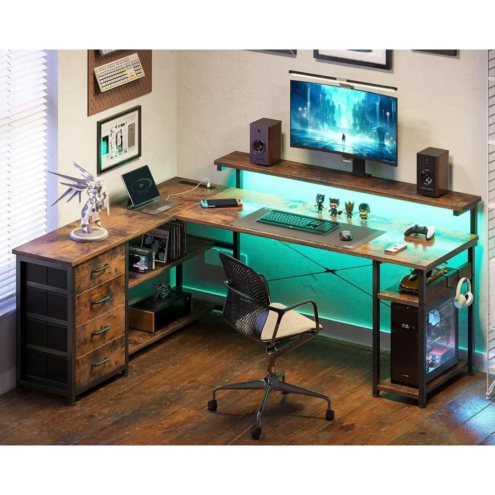 61" L Shaped Desk with Drawer, Computer Desk with Power Outlets & LED Lights, Reversible Corner Gaming Desk