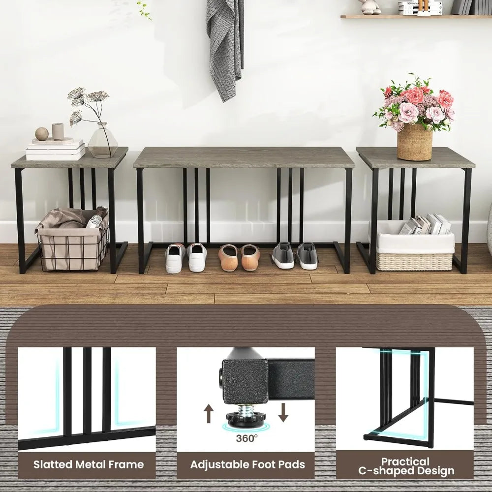 FurnishSpot® 4-Piece Modern Industrial Dining Table Set with Nesting Bench & Stools – Space-Saving & Heavy-Duty Steel Frame