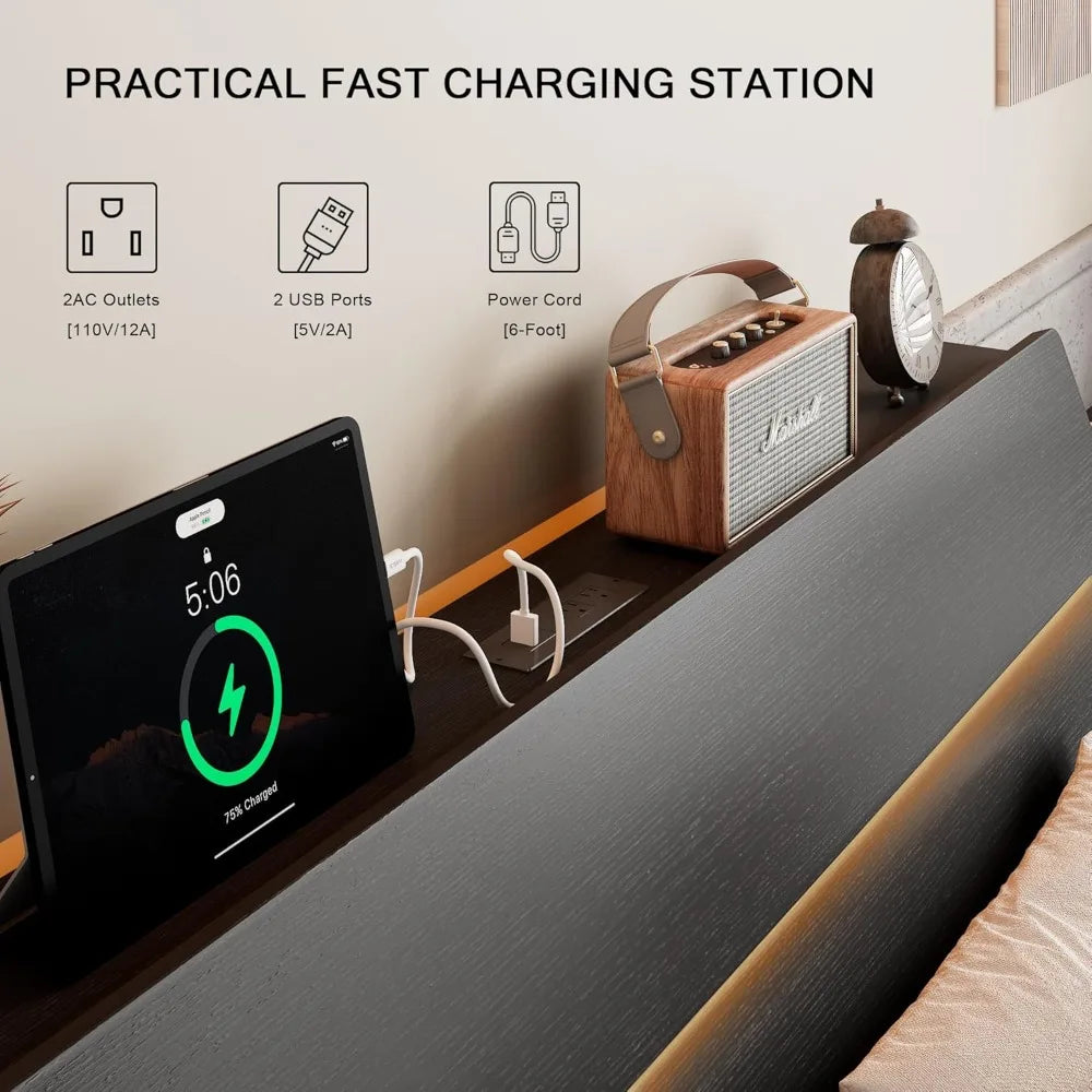 Floating Bed Frame King Size with Led Headboard and Charging Station, Metal Platform Bed Base with Storage, Remote Control, Heav