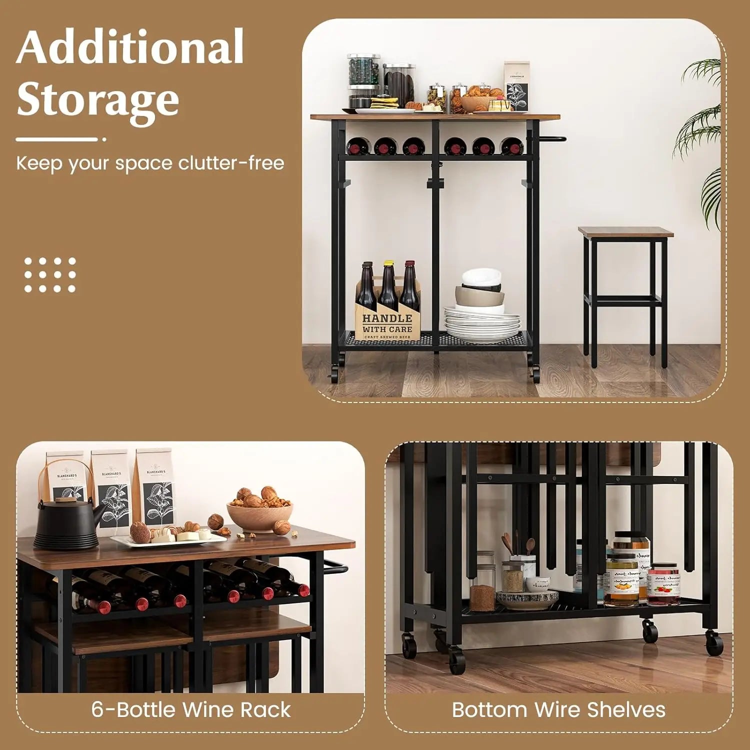 3-Piece Foldable Dining Table Set, Extendable Dining Table & 2 Stools Set w/ 6-Bottle Wine Rack, Side Pushing Handl