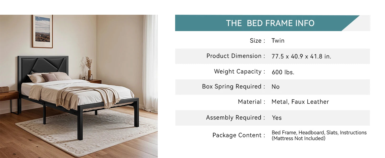 HOOMIC Metal Bed Frame with Upholstered Headboard, Litchi Grain Faux Leather Design, Easy Assembly, No Box Spring Needed Allewie