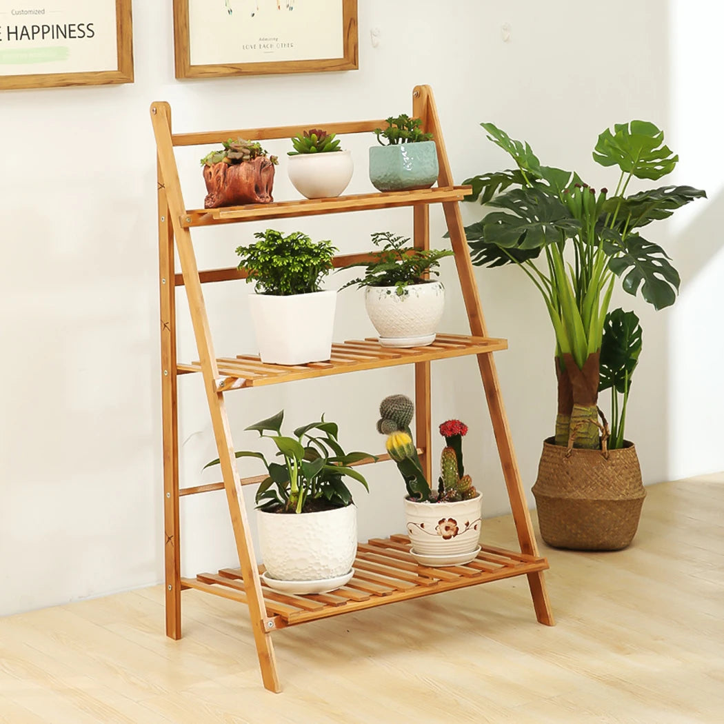 3 Tier Foldable Bamboo Plant Stand Planter Organizer Plants Display Shelf  for Indoor Outdoor