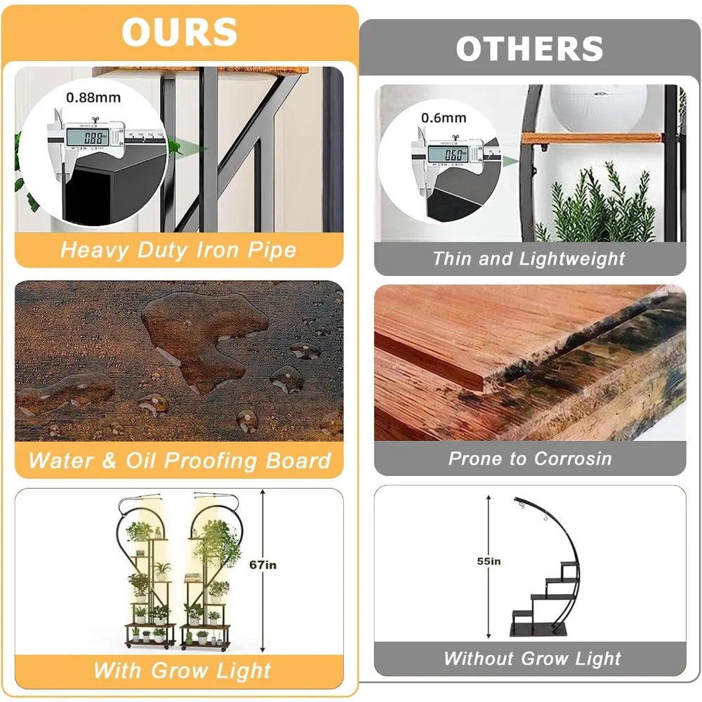 2PCS 6 Tier Tall Plant Stand Indoor with Grow Lights, Half Heart Shaped Plant Stands for Indoor Plants Multiple with Wheels, Lar
