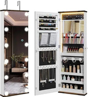 43.5" Hanging Jewelry Armoire with 12 Hollywood Bulbs, Full-Length Mirror & Large Lockable Storage