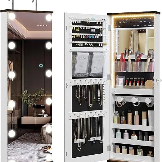 43.5" Hanging Jewelry Armoire with 12 Hollywood Bulbs, Full-Length Mirror & Large Lockable Storage