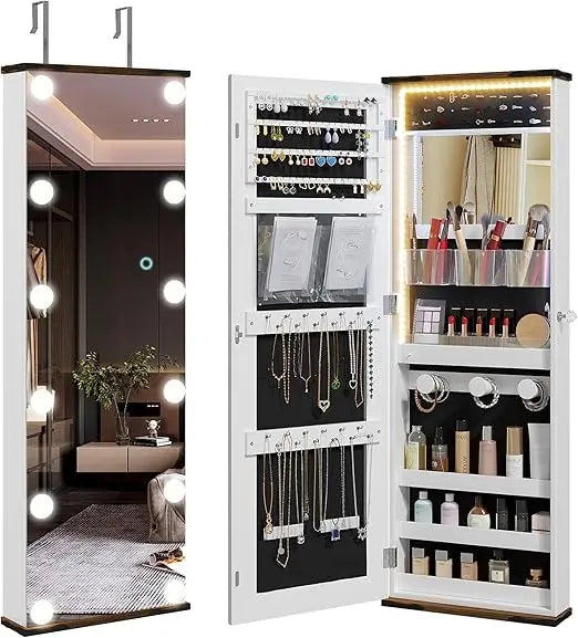 43.5" Hanging Jewelry Armoire with 12 Hollywood Bulbs, Full-Length Mirror & Large Lockable Storage