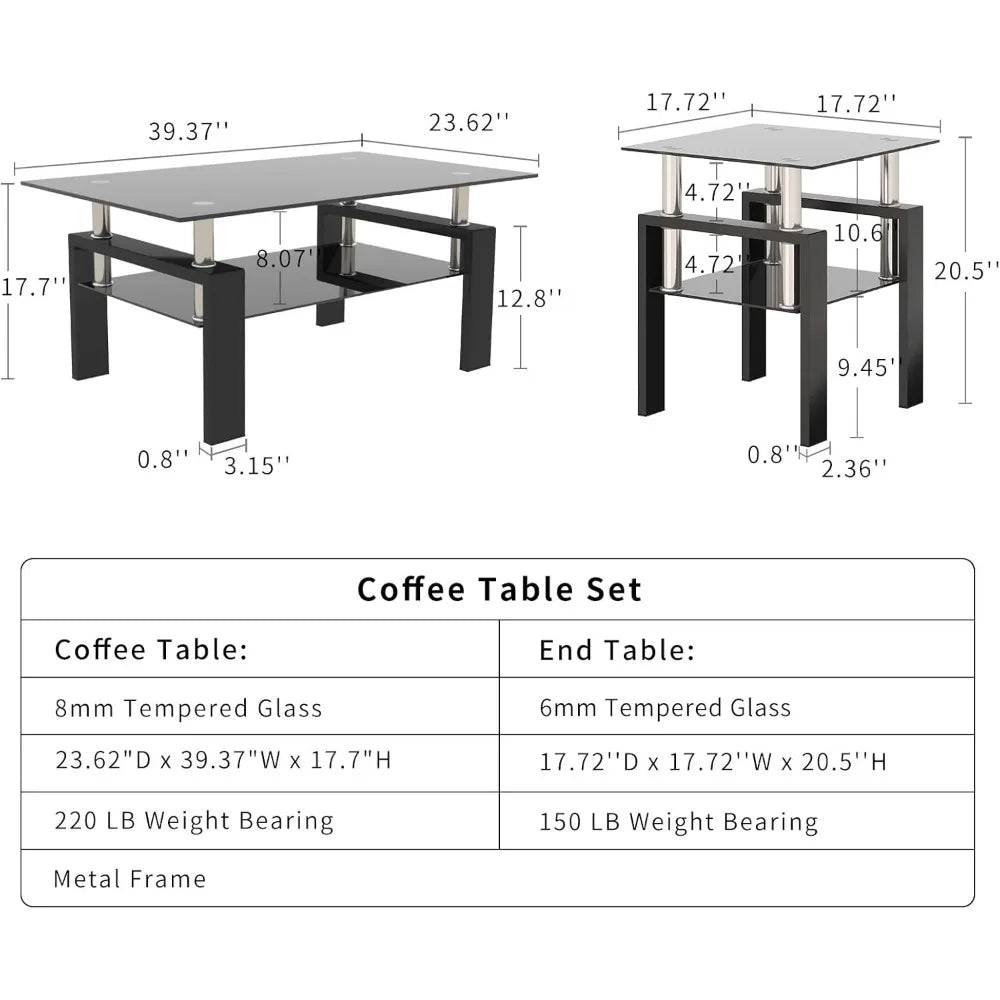 Black Glass Coffee Table Set of 3 Piece, Living Room Tables Set of 3 Pcs, Including 1 Coffee Table and 2 End Side Tables, Metal