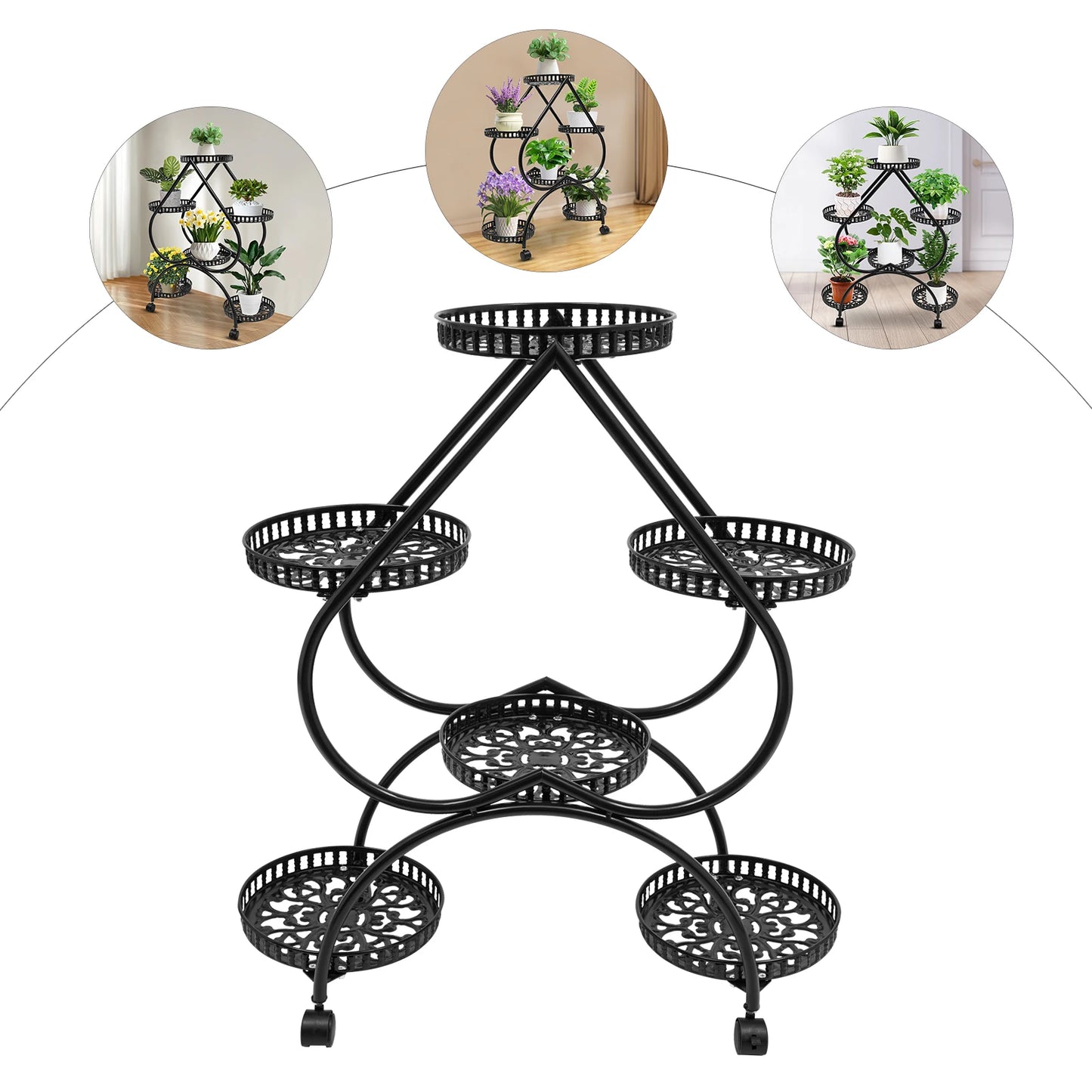 4-Tier Plant Stand with 6 Trays, Iron Frame, Movable and Lockable Wheels for Indoor Gardening and Display