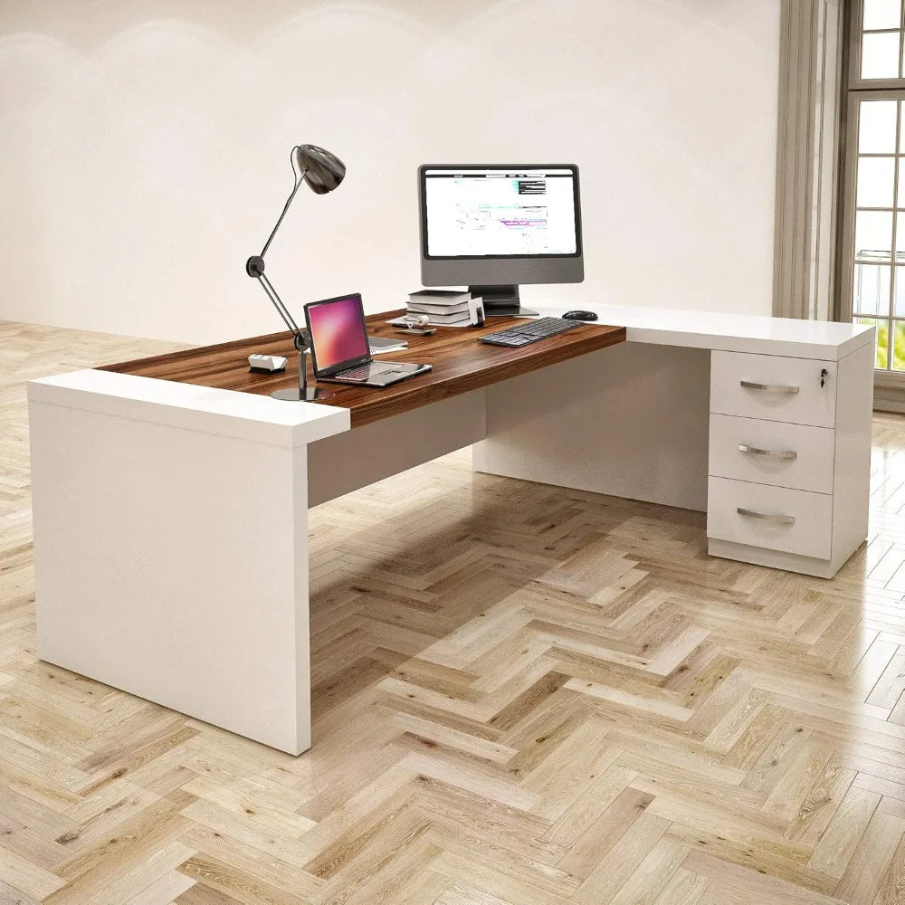 L-Shaped Executive Office Desk with File Cabinet