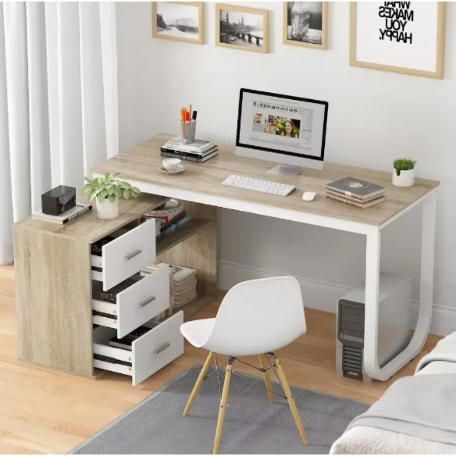 FurnishSpot L-Shaped Corner Computer Desk with Storage Cabinet | Reversible Home Office Workstation