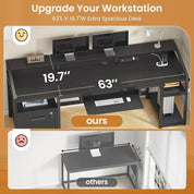 63" Computer Desk, Office Desk with Lockable Drawers for Legal/Letter File, Gaming Desk with LED Lights & Power Outlet, Home Of