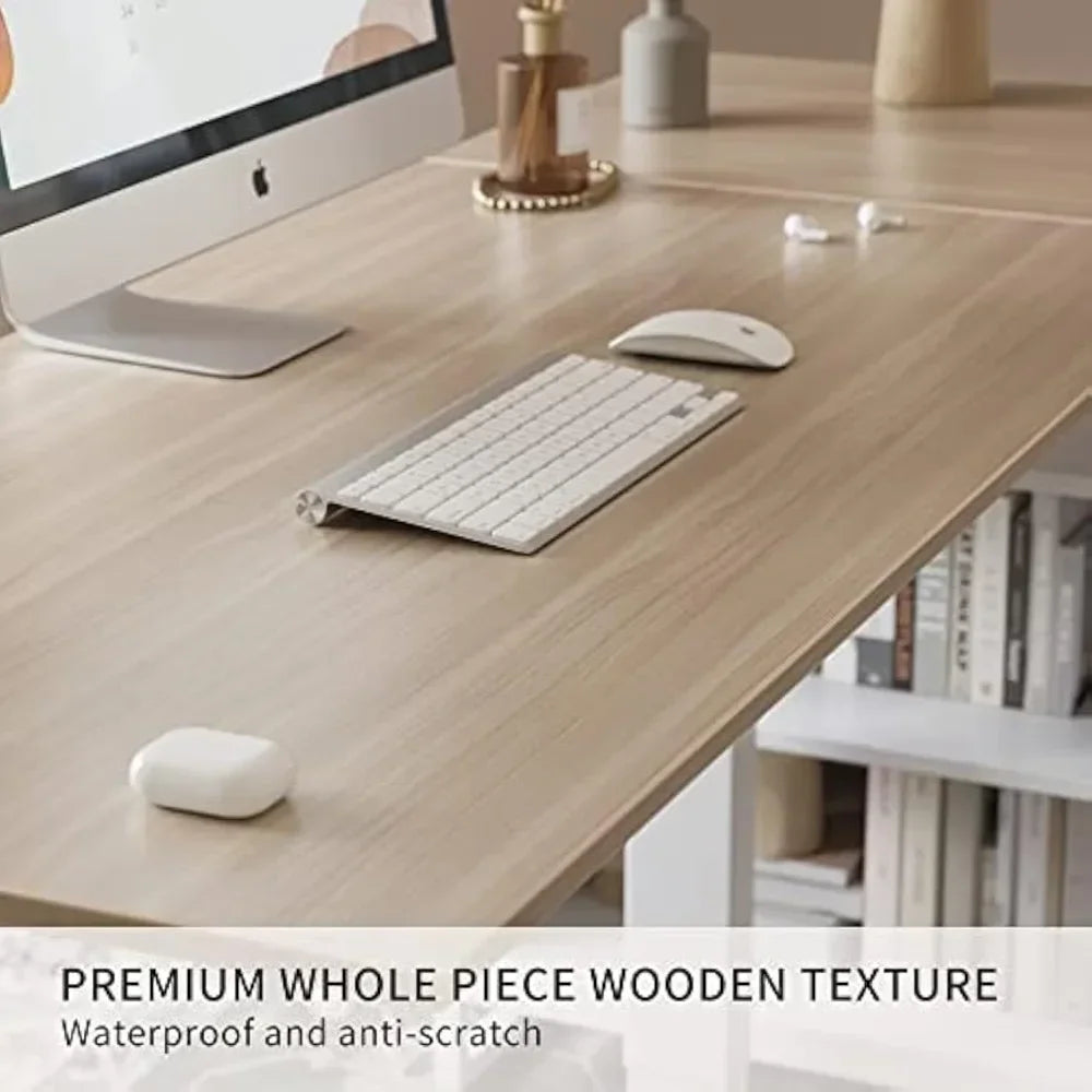 L-Shaped Executive Standing Desk with File Cabinet and Shelves, Electric Height Adjustable, Light Walnut