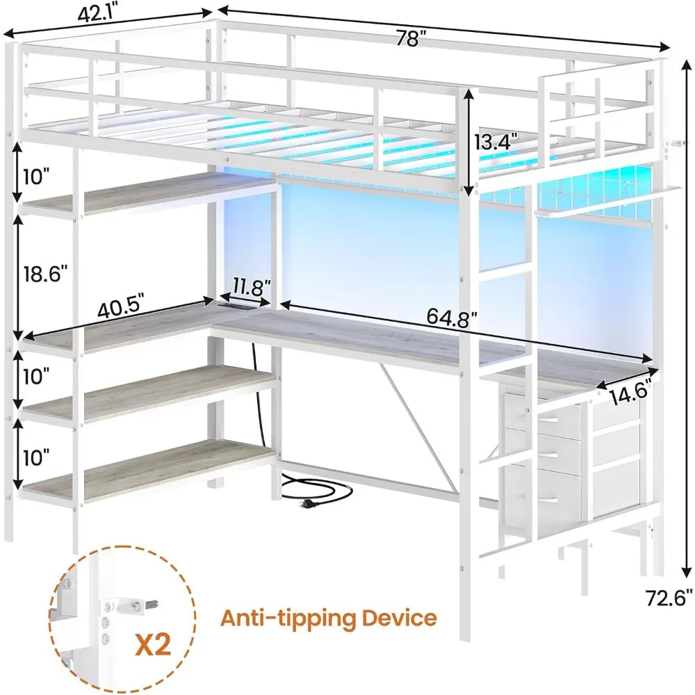 Loft Bed Twin Size with L-Shaped Desk and Storage Shelves, Metal Loft Bed Frame with Power Outlet, LED Lights, 3 Fabric Drawers,