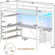 Loft Bed Twin Size with L-Shaped Desk and Storage Shelves, Metal Loft Bed Frame with Power Outlet, LED Lights, 3 Fabric Drawers,