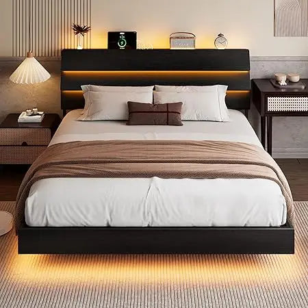 Floating Bed Frame King Size with Led Headboard and Charging Station, Metal Platform Bed Base with Storage, Remote Control, Heav