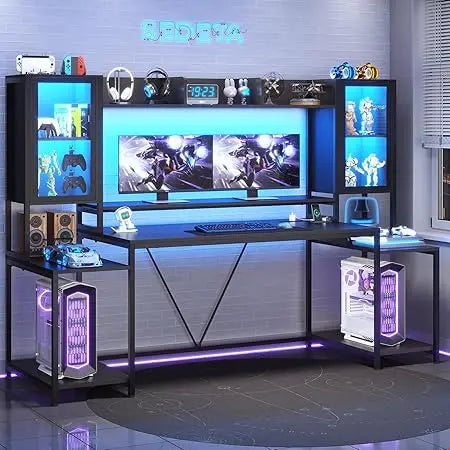 Gaming Desk 74.8'' with LED Lights, Hutch and Storage Shelves, Computer Desk with Monitor Stand, Large PC Gamer Desk Workstatio