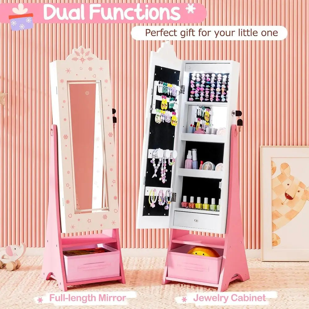 LED Lighted, Lockable Freestanding Kids Jewelry Armoire with Full-Length Mirror and Storage Drawers for Little Girls (White)