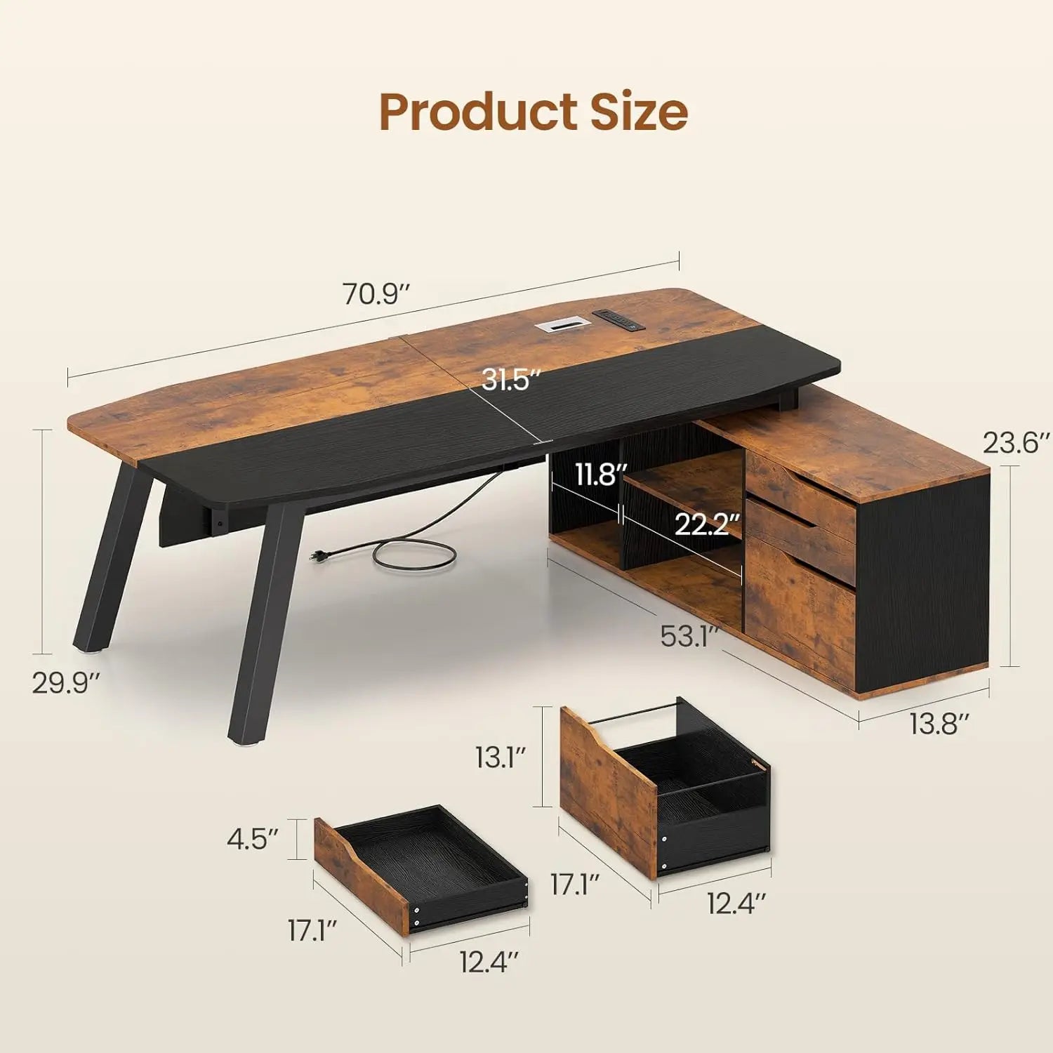 FurnishSpot® Executive L-Shaped Desk with File Drawer, Storage Cabinet & Built-In Charging Station