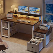 63" Farmhouse Style Computer Desk with Drawers, Storage Shelves and Power Outlets, Home Office Desks with Long Monitor Stand fo