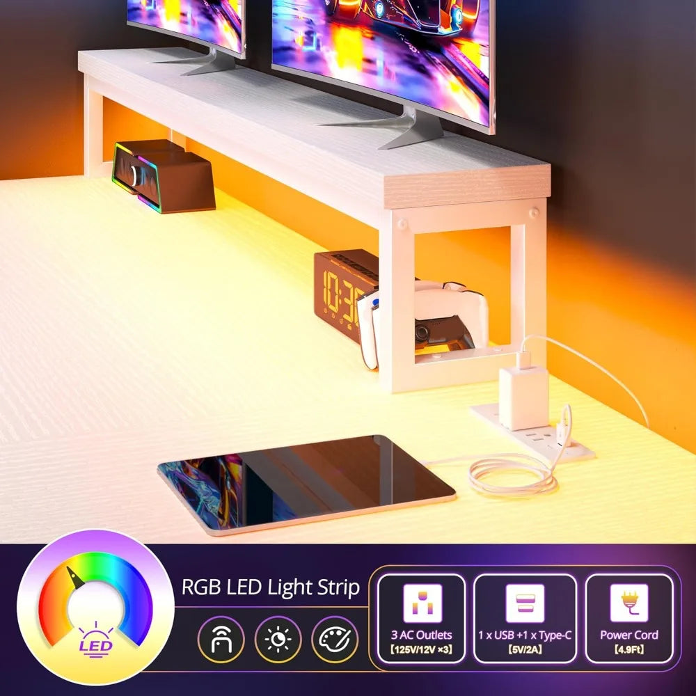 L Shaped Gaming Desk with LED & Power Outlet, 40Inch Computer Desk with Drawers Reversible Corner Desks with Monitor Stand for