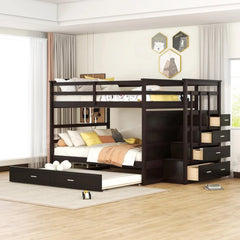 Full Over Full Bunk Bed with Twin Size Trundle and Stairs, and Storage Drawers