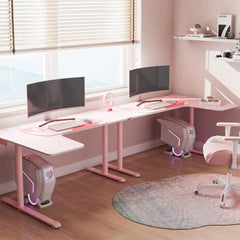 Pink L Shaped Gaming Desk, 60 Inch Large Home Office Corner PC Computer Table Study Writing Modern Workstation Girls  Female