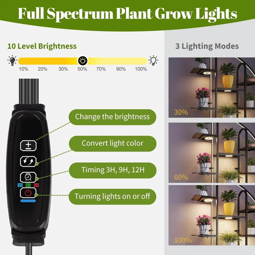 9-Tier Moon-Shaped Plant Stand with Full-Spectrum LED Grow Lights – Indoor Metal Flower Shelf for Bonsai, Succulents, Potted Plants, Living Room, Balcony, Office