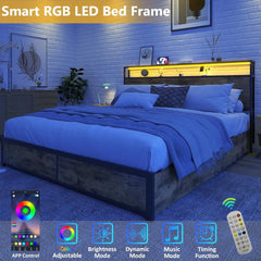 Queen Bed Frame with 2-Tier Storage Headboard, Metal Frame with 4 Storage Drawers, and Built in Charging