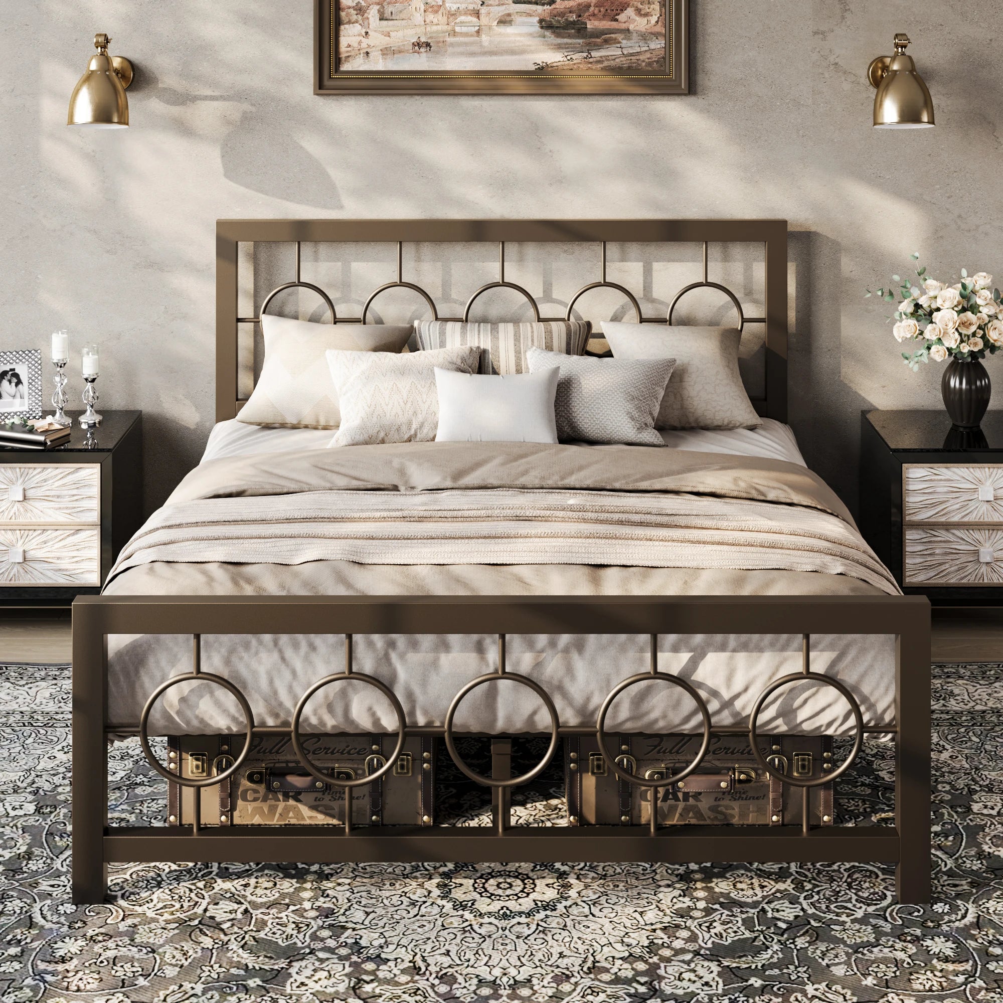 FurnishSpot Vintage Iron Metal Platform Bed Frame – Modern Circular Ring Design, Heavy-Duty Slats, Noise-Free Support (No Box Spring)