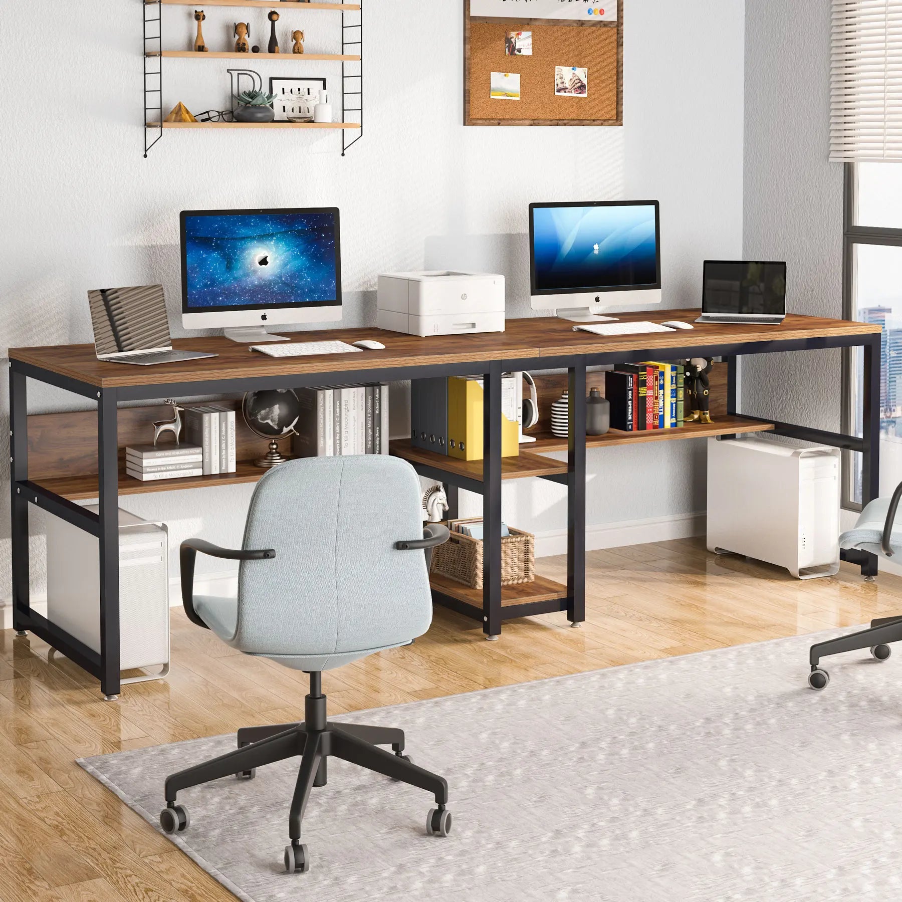 FurnishSpot® Wooden Computer Desk with Storage Cabinet – Mahogany Finish