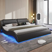 King Size Bed Frame with Headboard and Charging Ports Modern Low Profile King Platform Bed Frame with LED Lights Wave Like