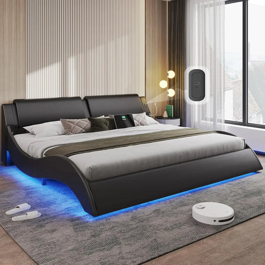 King Size Bed Frame with Headboard and Charging Ports Modern Low Profile King Platform Bed Frame with LED Lights Wave Like