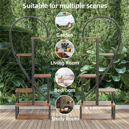 2-Pack 6-Tier Half-Heart Plant Stand – Indoor & Outdoor Metal and Wood Plant Display Rack with Side Hooks for Living Room, Garden, Balcony, Office