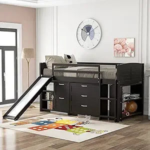 Playful Design Full Size Low Loft Bed with Slide and 3 Storage Drawers, Multiple Functions Wooden Loft Bed Frame with 2 Doors fo