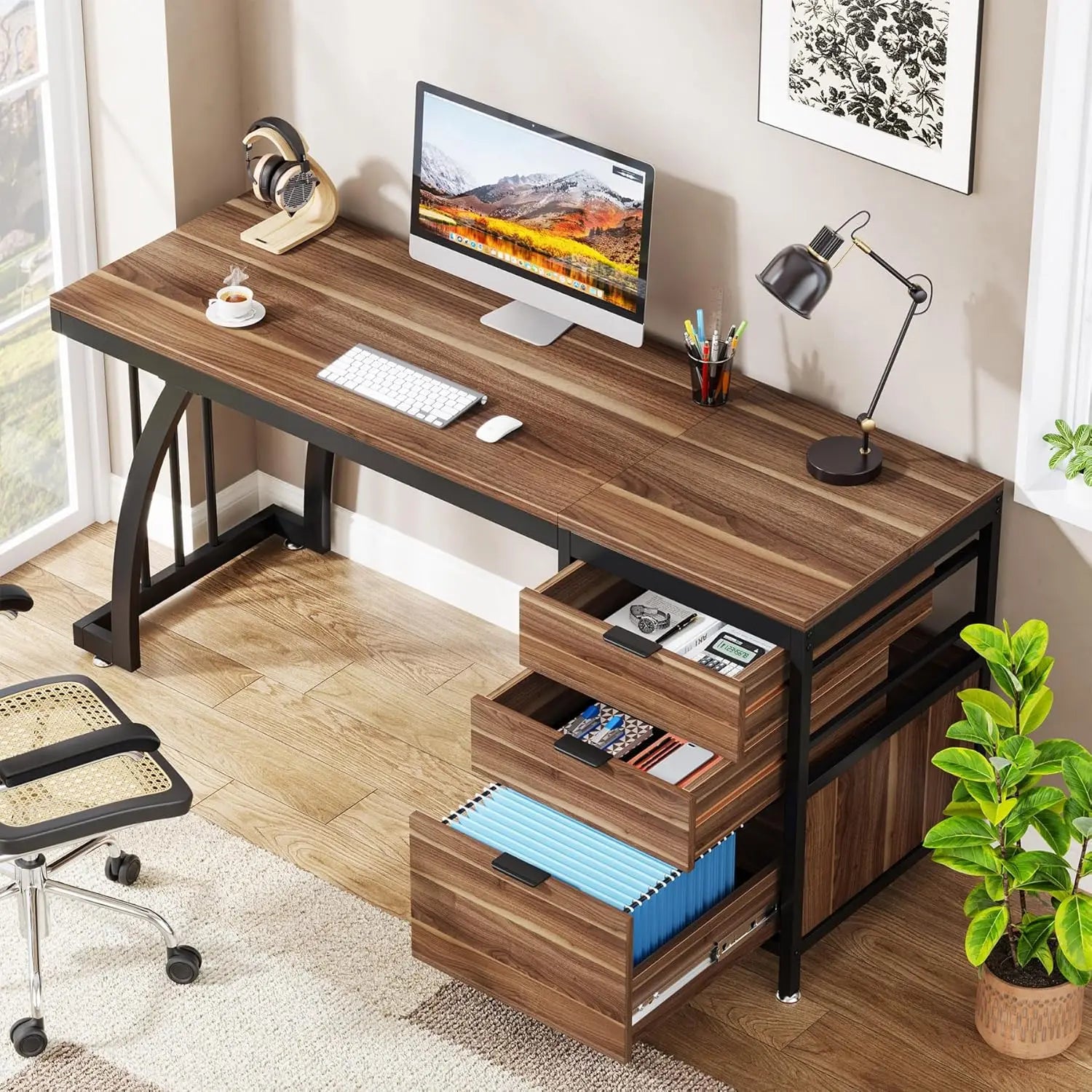 Computer Desk with 3 Drawers, 59-Inch PC Desk with Reversible Drawers, Industrial Study Writing Table Workstation with