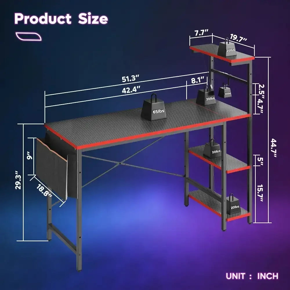 52 inch Gaming Computer Desk with LED Lights & Shelves Carbon Fiber, Reversible desk