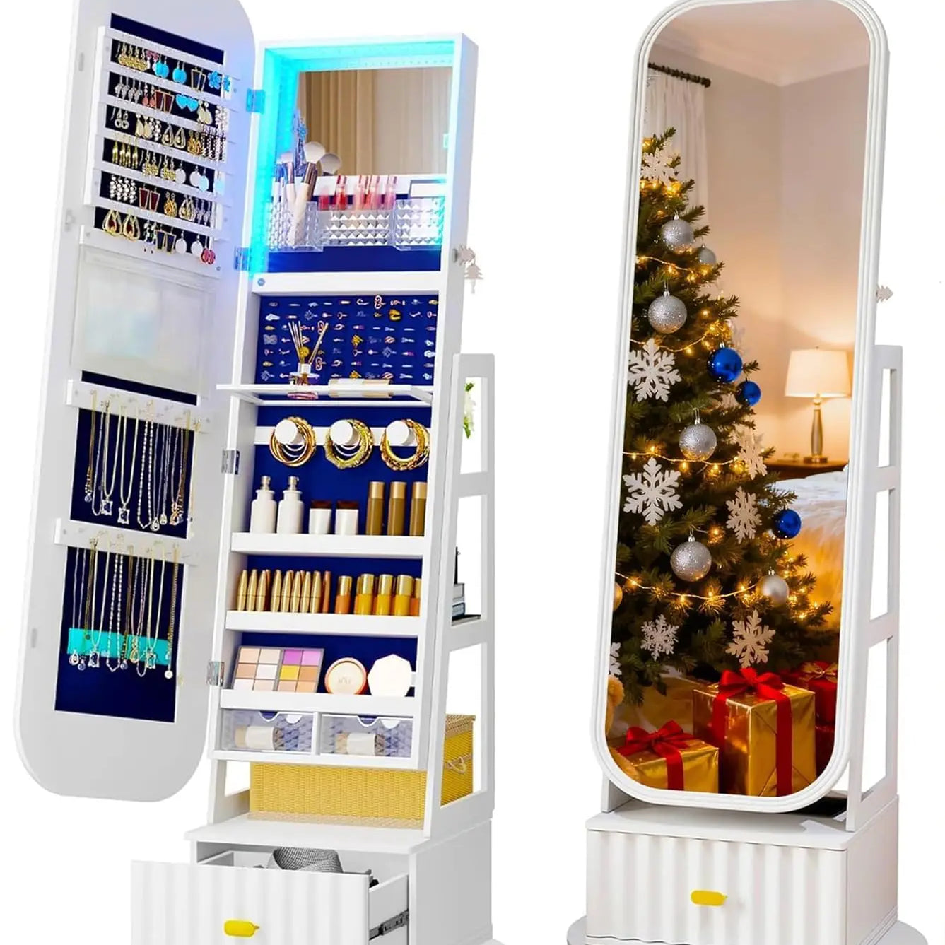 Standing LED Jewelry Armoire with Full-Length Mirror & 360° Swivel Storage Cabinet