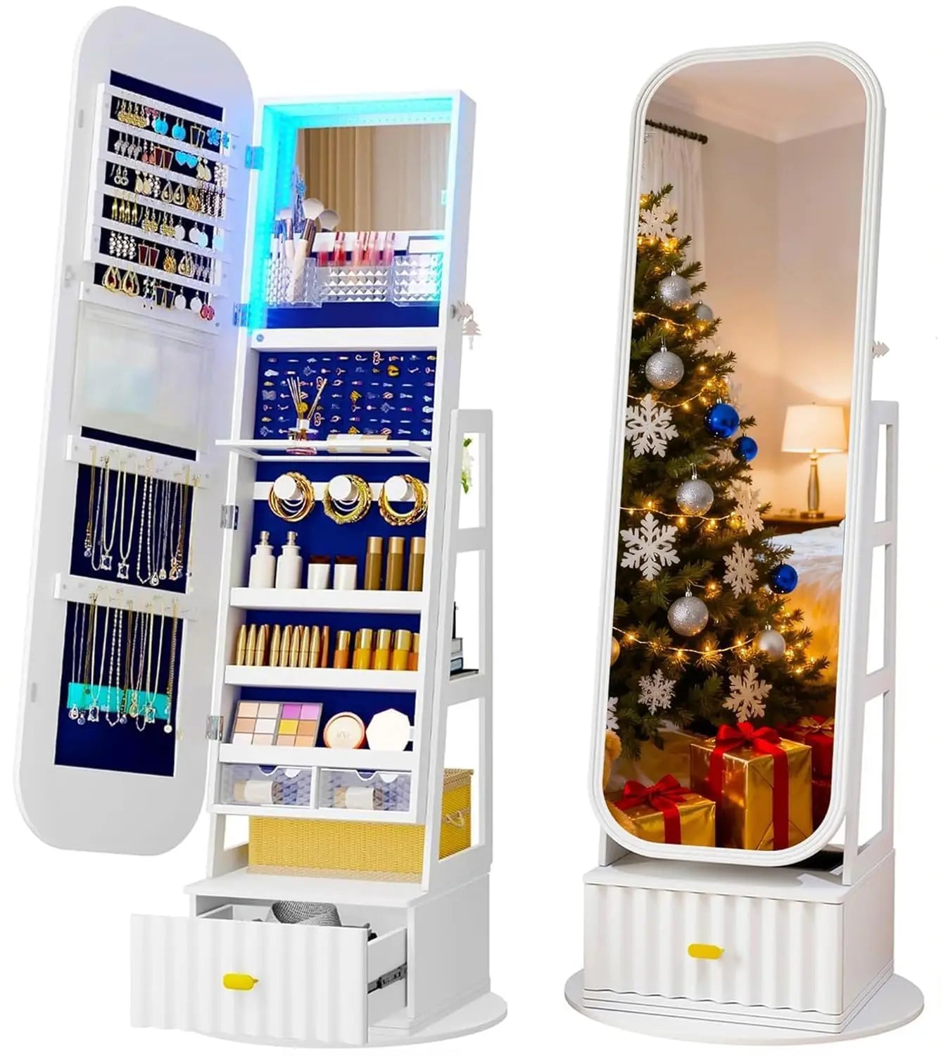 Standing LED Jewelry Armoire with Full-Length Mirror & 360° Swivel Storage Cabinet