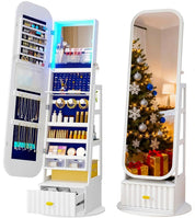 Standing LED Jewelry Armoire with Full-Length Mirror & 360° Swivel Storage Cabinet
