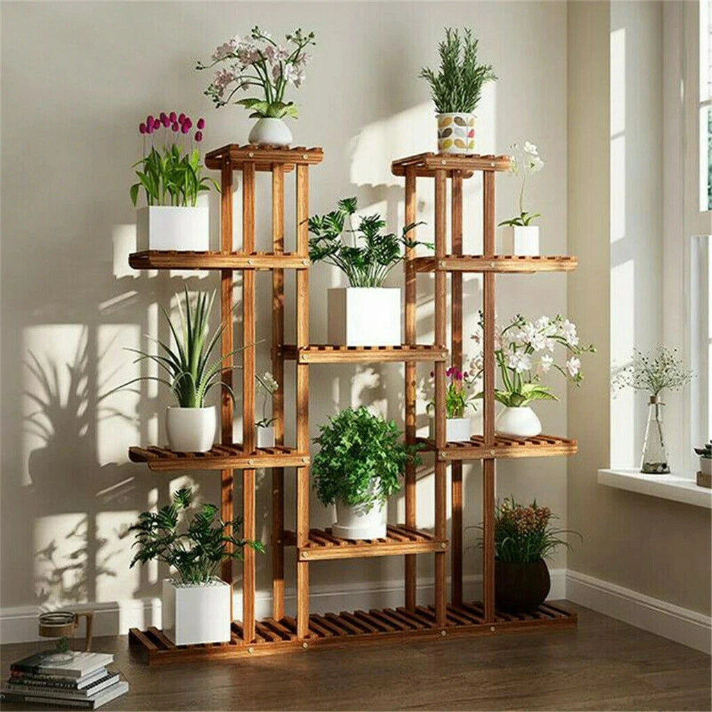 9-Tier Pine Wood and Metal Plant Stand – Indoor & Outdoor Planter Display Rack for Flowers, Bonsai, Succulents, Garden, Balcony, Living Room