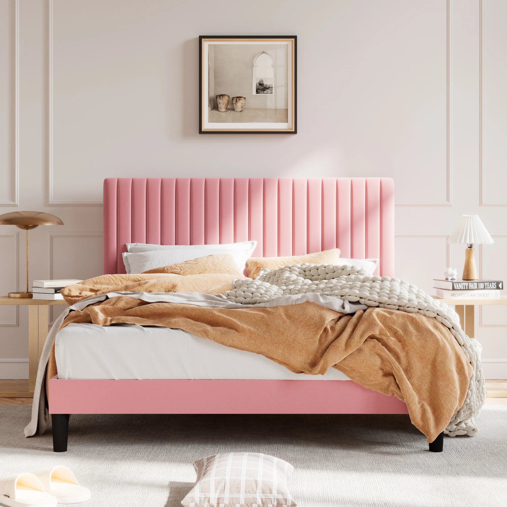 Upholstered Platform Bed Frame with Vertical Channel Tufted Velvet Fabric Adjustable Headboard