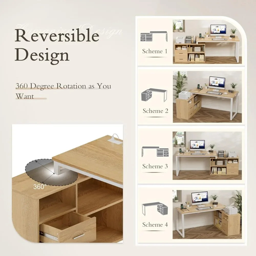 L Shaped Desk with Drawers&Shelves, 55'' Corner Computer Desk with Power Outlets, Reversible PC Table with Storage File Cabinet
