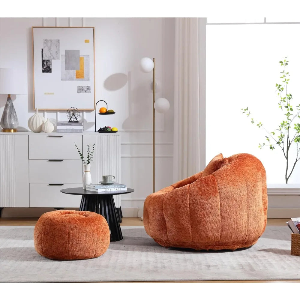 Modern Extra Large Round Bean Bag Chair with Footrest – Stylish Chenille Fabric, High-Density Memory Foam, Ultimate Comfort