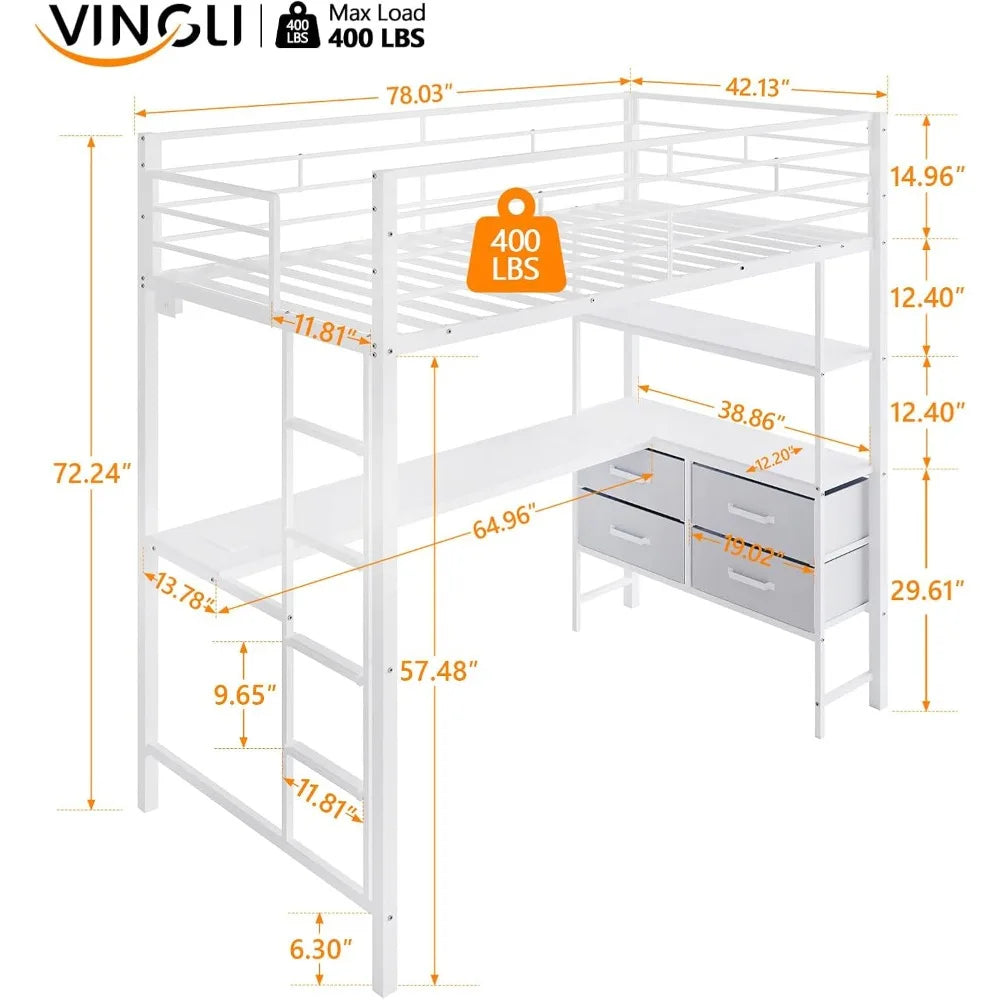 Twin Metal Loft Bed Frame With 15" Safety Guardrail, Non-Slip Ladder, 2 Charging Stations, L-Shaped Desk, and Storage Shelves