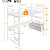 Twin Metal Loft Bed Frame With 15" Safety Guardrail, Non-Slip Ladder, 2 Charging Stations, L-Shaped Desk, and Storage Shelves