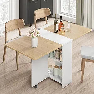 Folding Dining Table, Drop Leaf Dining Table for 4, Foldable Kitchen Table with 6 Wheels and 2 Storage Shelf, Space Saving Tabl